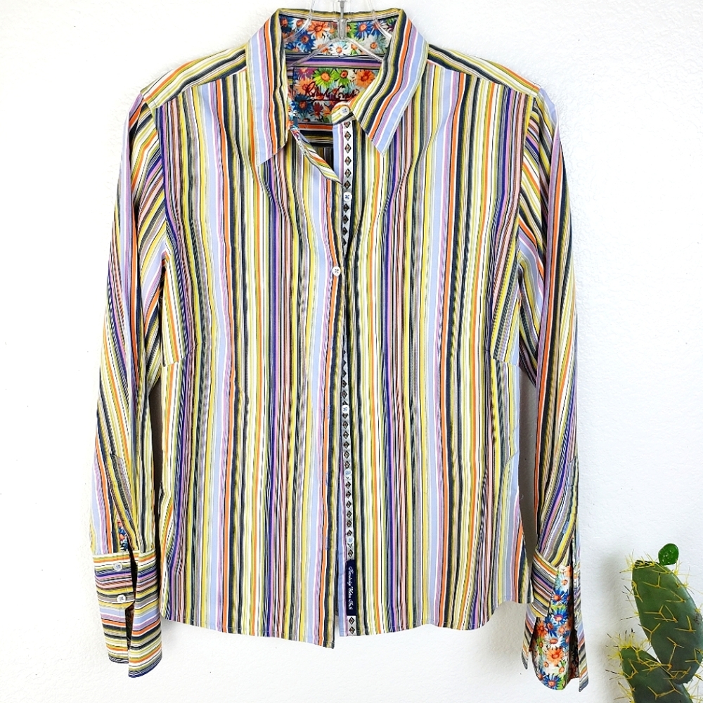 Robert Graham Women's Striped Colorful Flip Cuff Button Up Shirt Blouse size 8